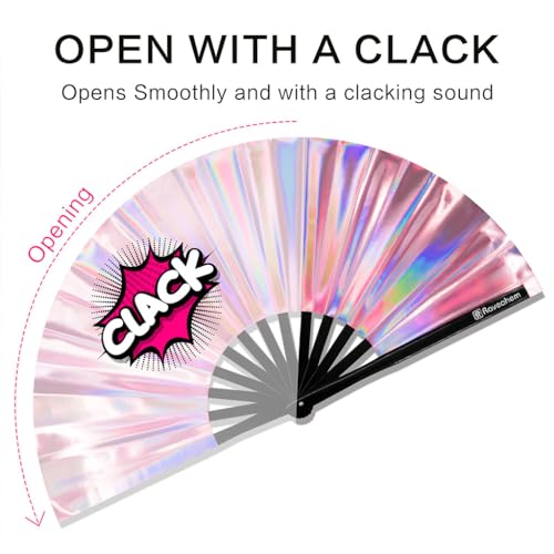 Large Rave Fan, Clack Folding Hand Fan with Premium Fabric, Thick Bamboo Frame for Men Women Gift for EDM, Festival, Club, Party, Dance, Decoration (Holographic Pink, 13") - color: Holographic Pink, size: 13"