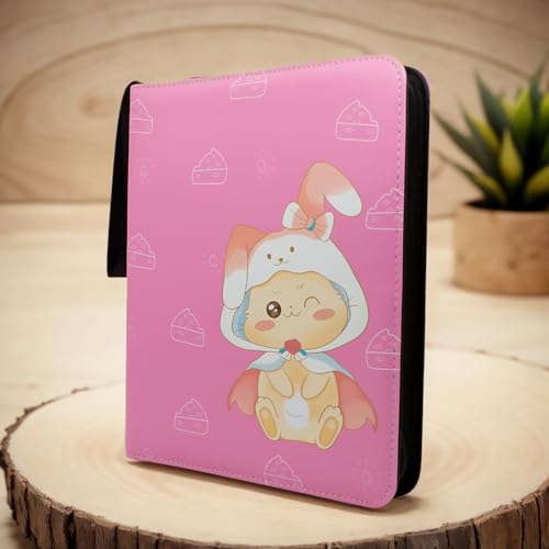 9 Pocket Card Binder - Premium Zip Trading Card Binder - 900 Double Sided Pocket PU Collection Binder - Gift for Girls (Pink Kitten 9-Pocket)
