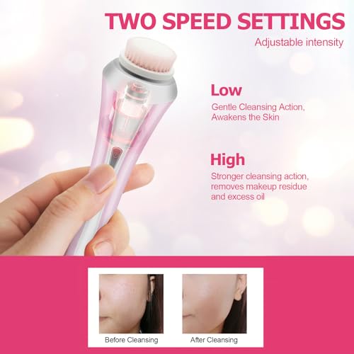Facial Cleansing Brush, Electric Face Scrubber with 4 Brush Heads, Rechargeable USB Charging Dock, IPX4 Waterproof, 8000 RPM Dual Speed, Deep Cleansing & Exfoliation for All Skin Types (Pink) - color: Pink