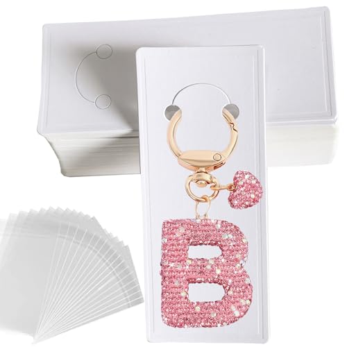 100 Set Keychain Display Cards with Bags,Jewelry Packaging Blank Hanging Cards for Selling - color: White 5"x2.2"