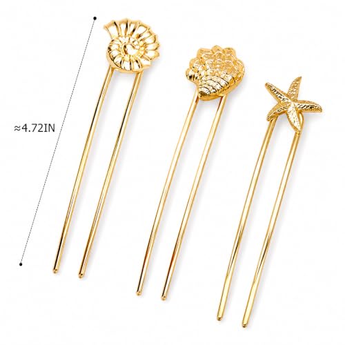 3PCS Ocean U Shaped Hair Pins for Women, Gold Shell Starfish Conch Bun Pins, Coastal Beach Hair Accessories, French Twist Hair Forks for Thick Thin Hair Summer Vacation - color: Gold
