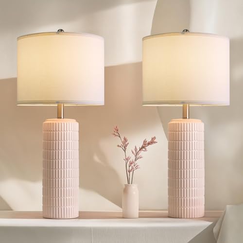 PoKat 27.5" Pink Ceramic Table Lamps for Girls Room Set of 2, Modern Bedroom Lamps, Bedside Lamps for Night Stands Living Room, Cute Lamps Pink Decor, Nightstands Desk Nursery - color: Cream Pink