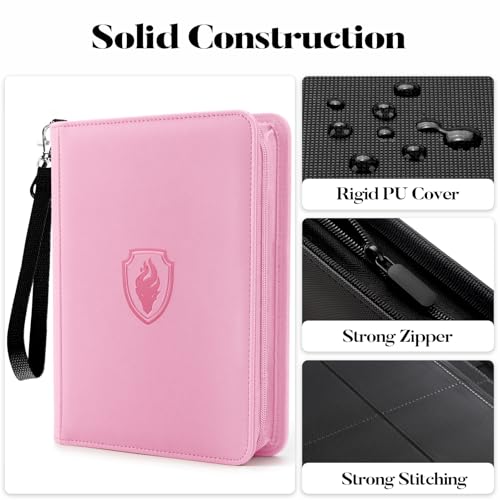 Fabmaker 4 Pocket Zip Card Binder, PU Trading Card Binder for 320 Cards - color: Pink, size: 4 Pocket - 10.2" x 7.5"