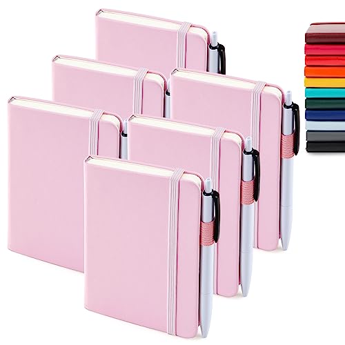 feela 6 Pack Pocket Small Notebooks Bulk, Mini Cute Memo Notepads Hardcover College Ruled Lined Journals with Pen Holder for Women Girls Office School, with 6 Black Pens, 3.5”x 5.5”, A6, Rose Pink - color: 6 Rose Pink