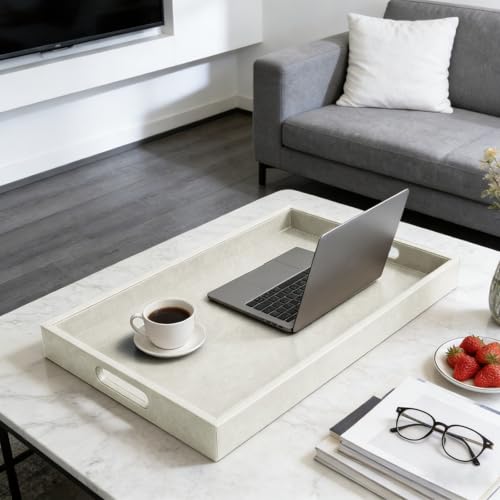 30 x 24 inches Rectangle Leather Ottoman Serving Tray with Hole Handles, Extra Large Modern Service Tray for Living Room, Coffee Table, Bed, Tea, Food, Countertop, Kitchen, Dinner, Picnic (White) - color: White, size: 30" x 24" x 2"