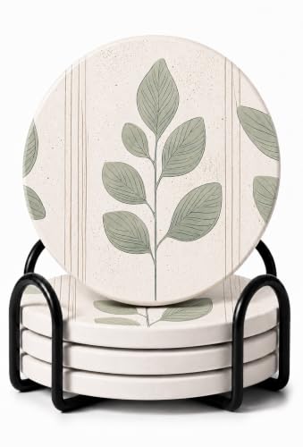 VEYRO Ceramic Coasters Set of 6 or 4 – Absorbent Stone Drink Coasters with Holder, Non-Slip Cork Backing, Modern Marble Look Coasters for Coffee Table, Desk & Home Decor (Leaves 4, Set of 4) - color: Leaves 4, size: Set of 4