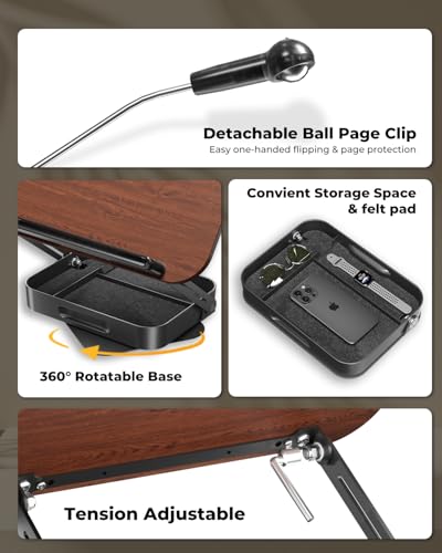 Adjustable Book Stand with Storage Drawer, 360° Rotating Book Holder, Height & Angle Adjustable, Extra-Wide Page Clips for Thick Books, Wood & Aluminum Book Stand for Desk, Study, Kitchen - color: Dark Wood