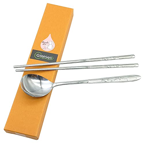GARASANI Korean Traditional Cutlery Stainless Steel Spoons and Chopsticks Set (Silver Plum blossom) - color: Silver Plum blossom