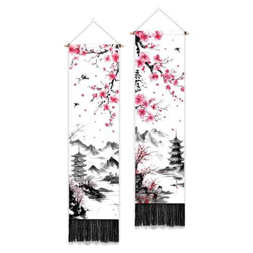PLIGREAT 2 Pack Cherry Blossoms Wall Hanging Ink Painting Tapestry with Tassel Vertical Long Narrow Aesthetic Wall Tapestry for Bedroom Living Room Bathroom Home Office Decor - color: black,pink