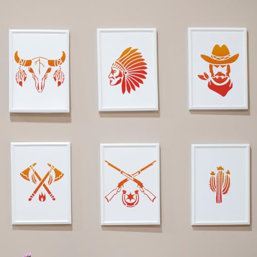 MAYJOYDIY 2pcs Western Cowboy Tribal Stencils 11.8×11.8inch Large Cowboy Boots Hat Cow Skull Stencils with Paint Brush Square Cowboy Theme Drawing Template for Wood Canvas Furniture Craft Decor - color: Western Cowboy Tribal