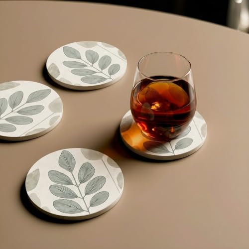 VEYRO Ceramic Coasters Set of 6 or 4 – Absorbent Stone Drink Coasters with Holder, Non-Slip Cork Backing, Modern Marble Look Coasters for Coffee Table, Desk & Home Decor (Leaves 5, Set of 6) - color: Leaves 5, size: Set of 6