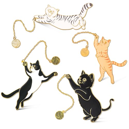 4 Pcs Cat Metal Bookmarks with Gold Chains and Charms