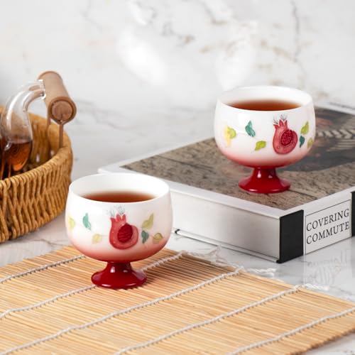 KAMMAK Tea Cup, 3oz Small Tea Cups Set of 2, Gradient Red Porcelain Tea Set for Home, Tea Party, Cute Hand-painted Ceramic Teacups with Short Stem, Chinese Kungfu Tea Set for Hot/Cold Drink - style: 698N Gradient Red