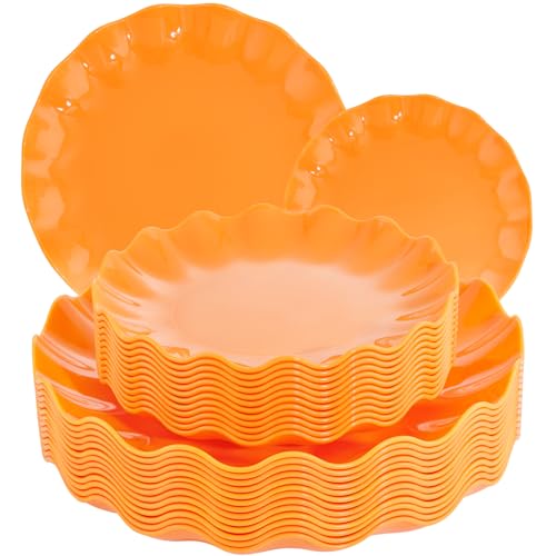 LIYH 24 Orange Plastic Plates Reusable for Thanksgiving Halloween 12 Guests - color: Orange, size: 24(12 Guests)