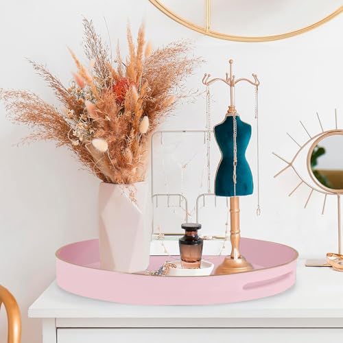 Pink Serving Tray with Handles,Round Coffee Table Tray Ottoman Tray - color: Round Tray-pink