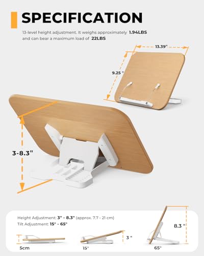 SupeDesk Adjustable Book Stand for Reading, Book Holder with 13 Height Levels, Hands-Free Desktop Book Stand with Page Clips, Foldable Book Stand for Textbooks, Cookbooks, Tablets & Study