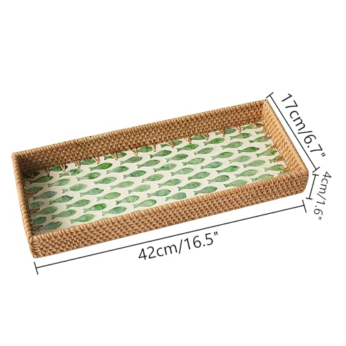 Narrow Rattan Bathroom Vanity Tray with Green Fish Mother of Pearl Inlay - Slim Rectangular Wicker Organizer for Toilet Tank Top, Guest Towels, Toiletries & Coastal Home Decor