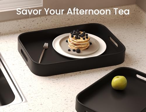 Bamboo Set of 2 Rounded Corners Serving Trays with Handles(Black) - color: Black