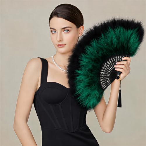 BABEYOND 1920s Marabou Feather Folding Hand Fan - color: Blackgreen