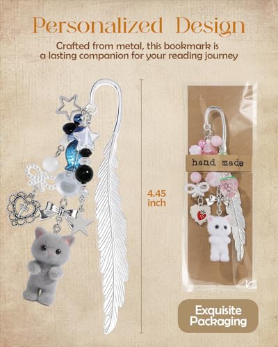 Buleens 2 Pack Bookmarks for Women Reading - Book Marks for Readers Book Lovers, Cute Cat Pink Grey Personalized Metal Bookmark with Pendants, Pretty and Aesthetic Book Accessories Reading Gifts - color: Sliver Cat