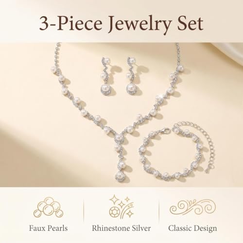 Pearl Bride Wedding Jewelry Set Faux Pearls Crystal Rhinestone Necklace Earrings Bracelet Sets for Women Bridesmaid(3 PCS) - color: Silver-White-3Set