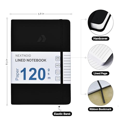 Nextnoid Hardcover Lined Journal Notebook - 120 GSM Thick Paper, Medium A5-256 Pages - Perfect For Writing, Journaling and Note-Taking (Black, Ruled) - color: Black, style: Lined 256 Pages