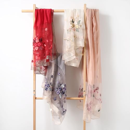 Jeelow Long Silk Blend Embroidered Floral Shawl Scarf Wrap for Women - color: Dusty Grey