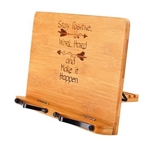 MEGREZ Foldable Bamboo Book Stand Adjustable Cookbook Reading Tablet Holder - color: Stay Positive, size: 11.0 x 8.0 inch