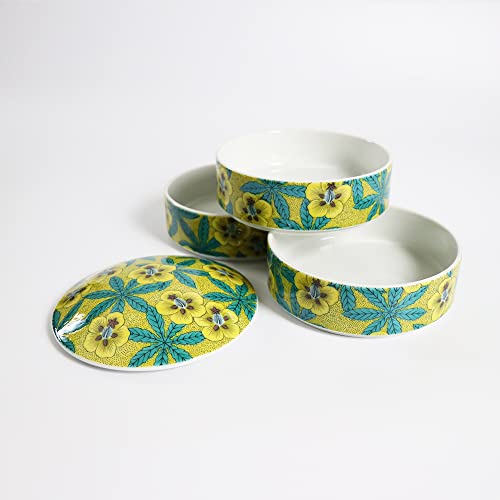 Traditional Japanese Bento Box, 3-tiered, Kutani Ware SK454 (Yellow flower design) - color: Yellow flower design