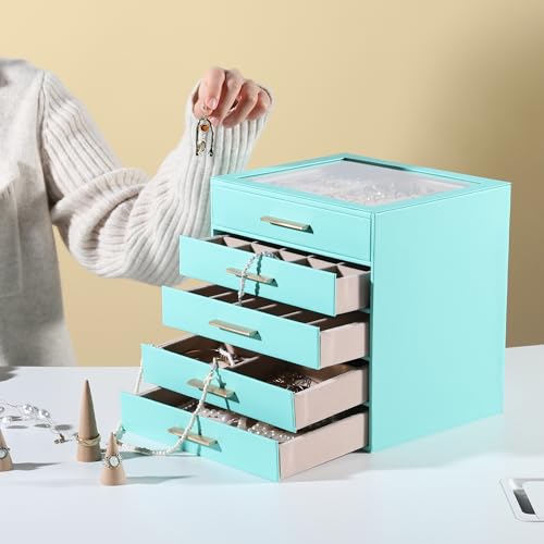 Frebeauty Jewelry Box for Women,Clear Lid Jewelry Organizer with 5 Drawers - color: Turquoise, size: 5 Drawer