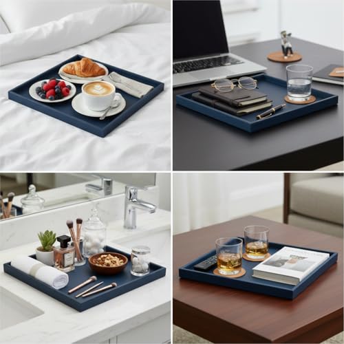25 * 25 Inch Rectangular Ottoman Tray | Textured PU Leather, Waterproof & Heat-Resistant Storage for Coffee/Dining Tables, Sofa, Bed, Entertainment & Party (Navy Blue, 25 * 25in) - color: Navy Blue, size: 25" x 25" x 1.5"