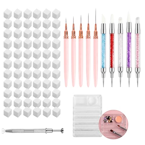 Nail Art Tools Set（100PCS）, 5 Pcs Professional Nail Art Detail Brushes,Dual End Silicone Nail Dotting Sculpture Pen, Nail Sponges with Grabbing Pen,Mixing Palette Pen Holder - color: White-100Pcs
