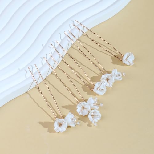 Handmade Pearl Bridal Wedding Hair Pins 6Pcs White Ceramic Flowers Gold Leaf Pearls Clips Wedding Hair Accessories for Women Brides Bridesmaid (Set-D-Gold) - color: Set-D-Gold