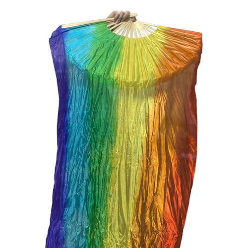 BRYCTSISEN Silk Belly Dance Fan Veil 2 Pairs Long Performance Folding Fan - color: Colorful