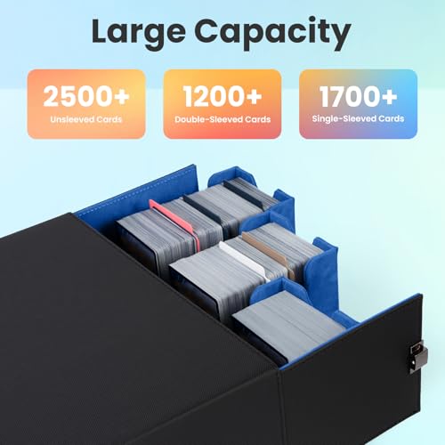 Trading Card Storage Box, 3-Row Deck Case with Handle, 2500+ Card Organizer with 8 Colorful Dividers & 3 Stoppers for MTG TCG PTCG Sports Card, Black & Blue - color: Black & Blue, size: 2500+, with Handle