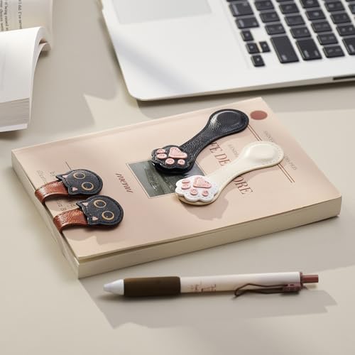 Ovesmusl 2Pcs PU Leather Paw Magnetic Bookmarks with Pen Holder - style: Paw (White+Black)