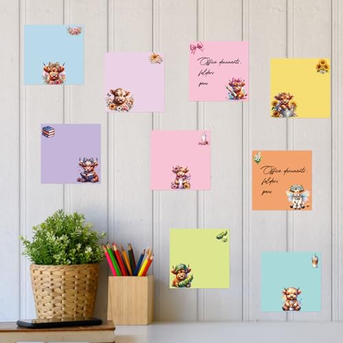 9 Pcs Highland Cow Sticky Notes 3"X3", Cute Flower Cow Self-Adhesive Notes for Women Man, Funny Sticky NotePads for Teacher Students Office Worker Supplies - color: Highland Cow