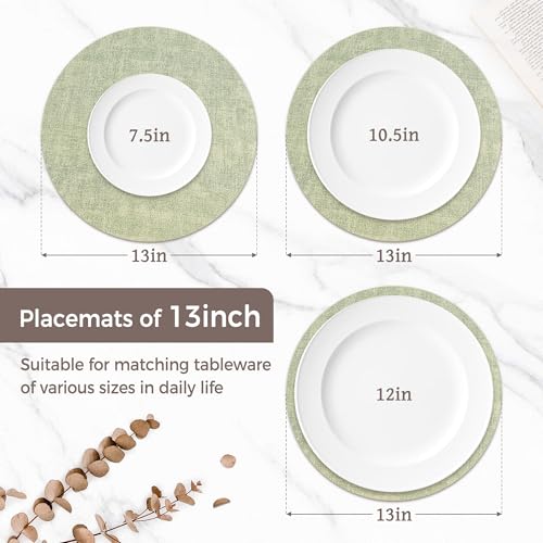 13" Round Placemats Set of 6, Reversible Faux Leather Wipeable Table Mats - color: Light Green