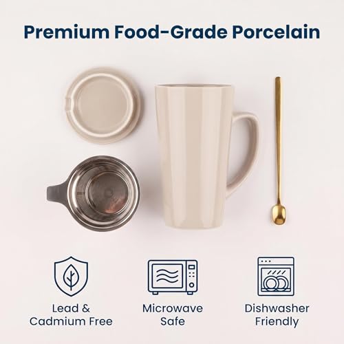 15 Ounce Porcelain Tea Mug with Infuser, Lid and Spoon, Loose Leaf Tea Cup, Grey - color: Gray