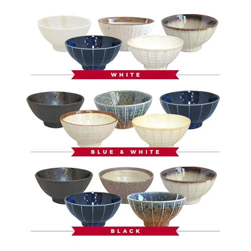 Set of 5 Japanese Ceramic Striped Ichichin Rice Bowls, Deep Soup & Eating Bowls with Distinctive Three-Dimensional Lines,Convenient, Stackable, for Cooking Prep & Serving (White) - color: White