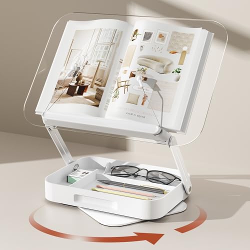 BYMECOST Acrylic Book Stand for Reading, Book Stand with Storage, White - color: White With Storage, size: 13.4"