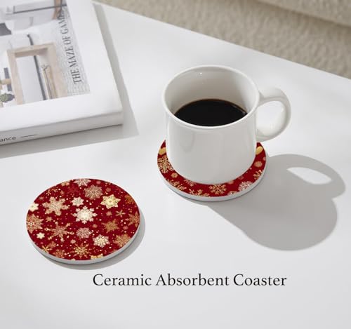 Nikyi 6 Pcs Christmas Red with Gold Snowflakes Heart Ceramic Absorbent Coasters, Round Drink Coaster with Metal Holder and Cork Base, for Coffee Cup Kitchen Home Table Office Desk Gift Home Decor - color: Christmas Red With Gold Snowflakes Heart
