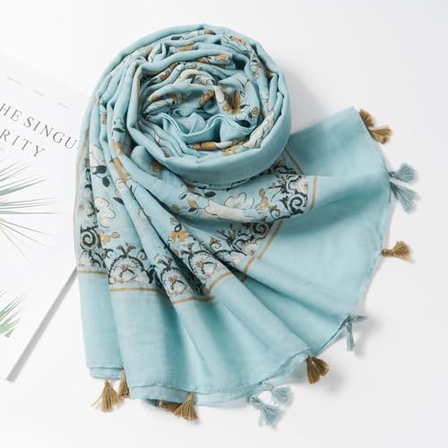 QIUTIMIY Scarf for Women Lightweight Soft Floral Leopard Printed Scarves Fall Winter Fashion Shawl Wrap with Fringe - color: Flower-blue Brown