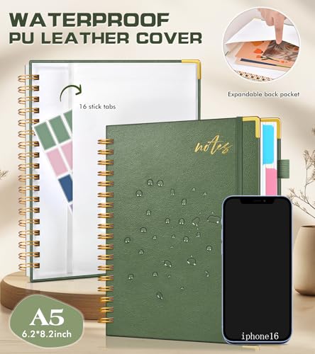 5 Subject Spiral Notebook Journal with Removable Dividers Tabs, 300 Pages Organizer Notebooks for Work School, A5 Hardcover Leather Notebook College Ruled, Lined Journal for Women Men，Sage - color: Sage Green, size: A5