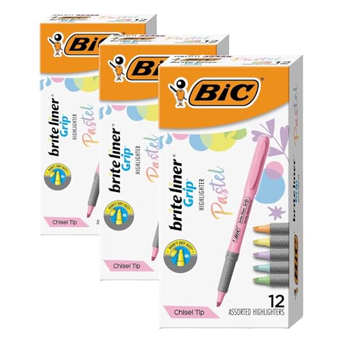 BIC Brite Liner Grip Pastel Highlighter Set, Chisel Tip, 12-Count Pack of Pastel Highlighters in Assorted Colors, Cute Highlighters for Bullet Journaling, Note Taking and More (Pack of 3) - color: Pastel, size: 12 Count (Pack of 3)