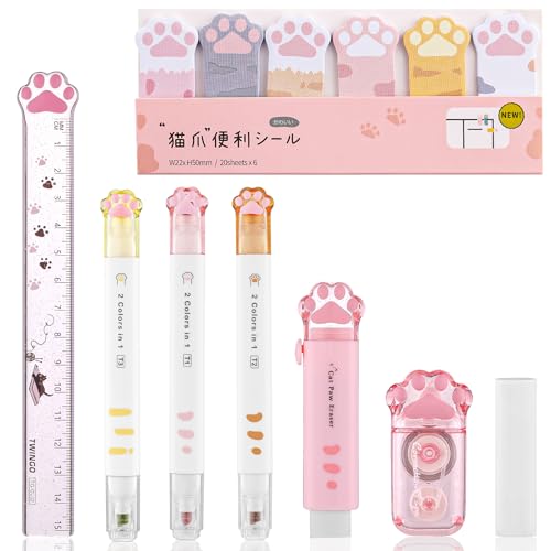8 Pcs Cute Cat Paw Stationery Set Kawaii School Office Supplies Including Eraser Correction Tape Highlighters Sticky Notes Ruler for Cat Lovers Students (Pink) - style: Style D (Pink)