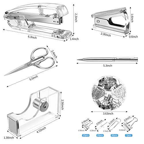 Office Supplies Set Desk Accessory Kit, Acrylic Stapler Set Staple Remover, Tape Dispenser, Binder Clips, Paper Clips, Ballpoint Pen and Scissor with 1000 Pieces 26/6 Staples (Silver) - color: Silver