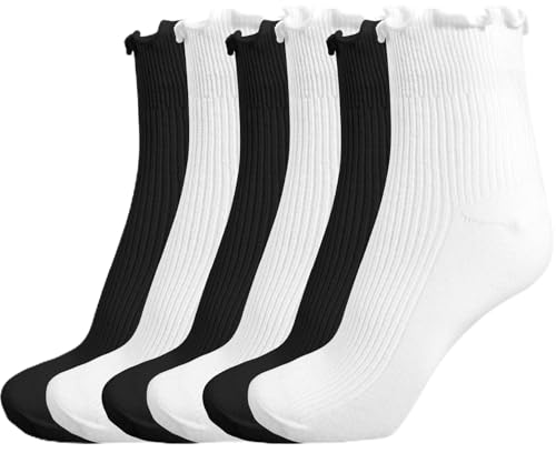 Jeffbaubl 6 Pairs Womens Ruffle Socks, Turn-Cuff Frilly Sock, Cute Ruffle Ankle Socks, Soft Breathable Lightweight(3 Black + 3 White)