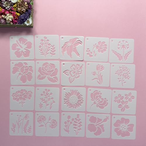 Flower Stencils for DIY Crafts, 20 Piece Reusable Plastic Floral Painting Templates, 3 Inch, for Wall, Floor and Textile Art Decoration - color: 20 Flower