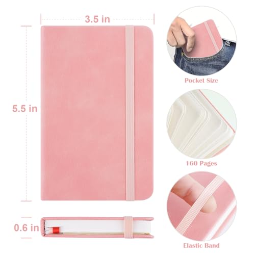 Pocket Dotted Notebook, 2-Pack Dot Grid Notebook, Dotted Journal with Stickers, 3.5" x 5.5" Hardcover, Small Mini A6 size, 160 Pages, 100 gsm Thick Paper, Pink - color: Pink
